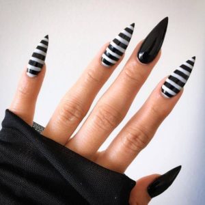 Black & White Striped Pointy Stiletto Nails