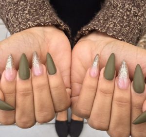 Olive Matte Green Pointy Stiletto Nails With Glitter Tips