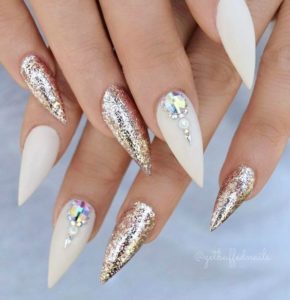 White Pointy Stiletto Nails With Glitter