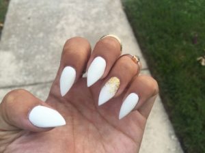 Matte White Pointy Stiletto Nails With Gold Accent