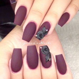 Dark Burgundy Nails with Black Rose Detail