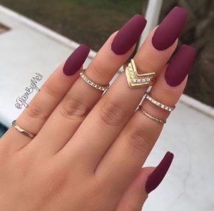Matte Burgundy Nails with Gold Jewellery