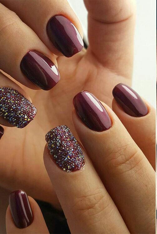 dark burgundy nails with glitter