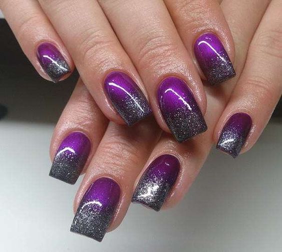 Purple Nails with Black Glitter Tips