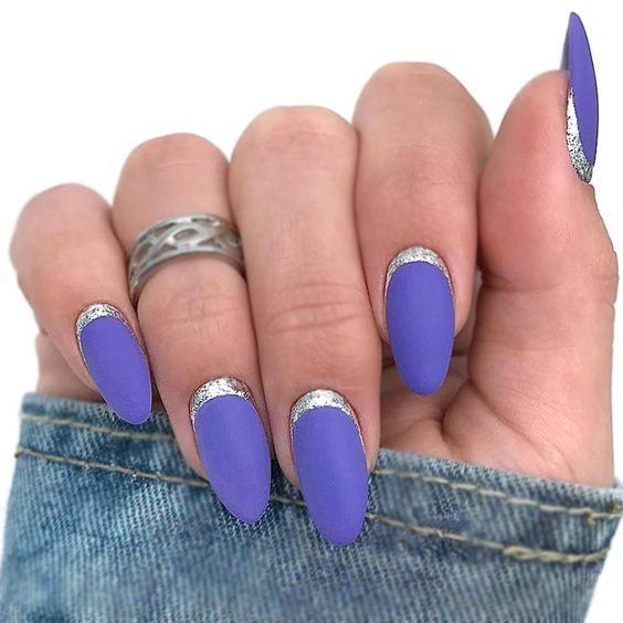 Purple Nails with Silver Cuticle Detail