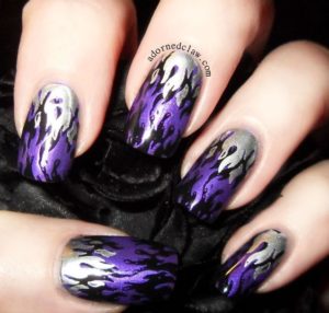 Silver and Purple Flame Design Nails