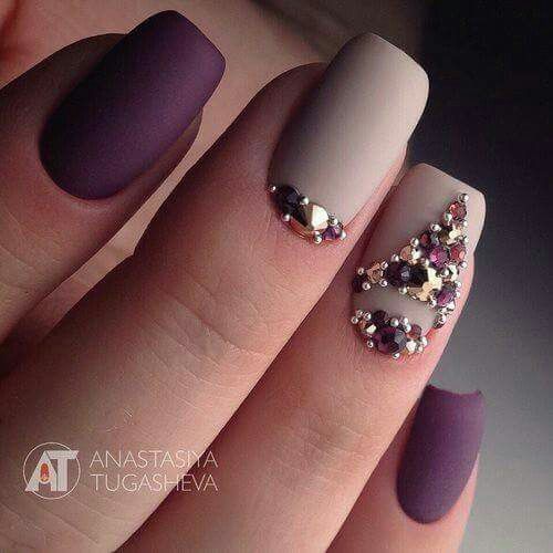 Burgundy and nude matte nails with some rhinestones 