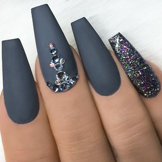 Coffin dark gray nails with embellishment 