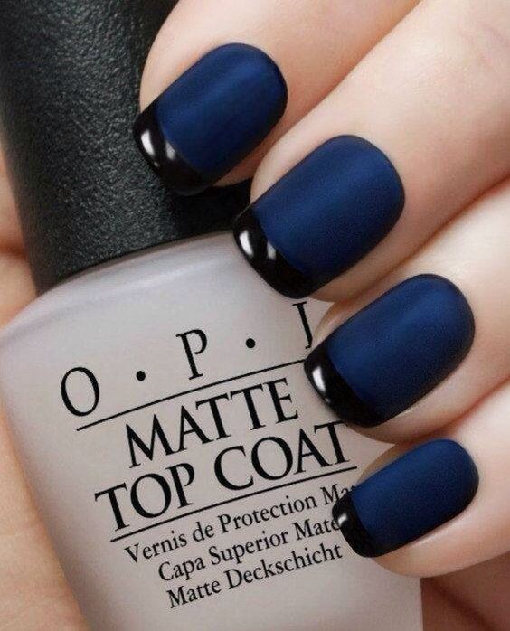 Dark blue french manicure with matte base and glossy tips    