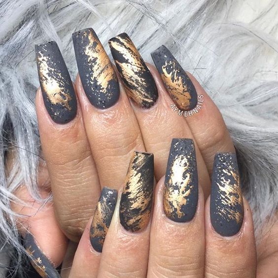 Matte gray nails with gold foils, coffin shaped 
