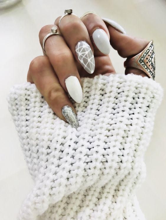 Light gray and white nail combo with geometric figures and shimmer