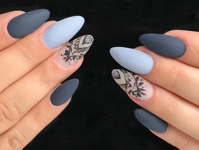 Gray and light blue almond shaped nails 