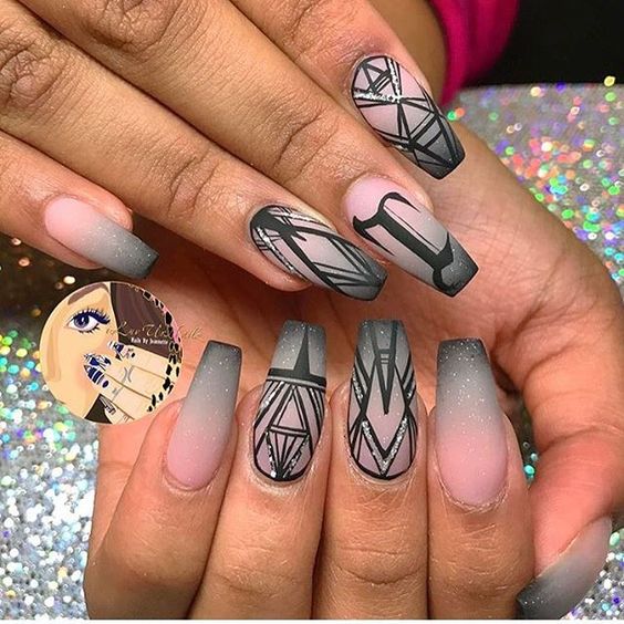 Pink and gray ombre with lines on coffin shaped nails