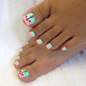 minty and pink stripes toenails