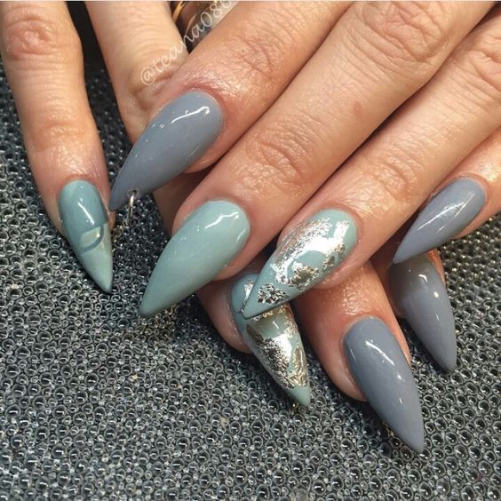 Minty with foils and gray stiletto nails