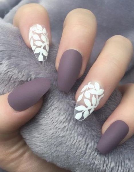 Violet gray matte nails with white patterns 
