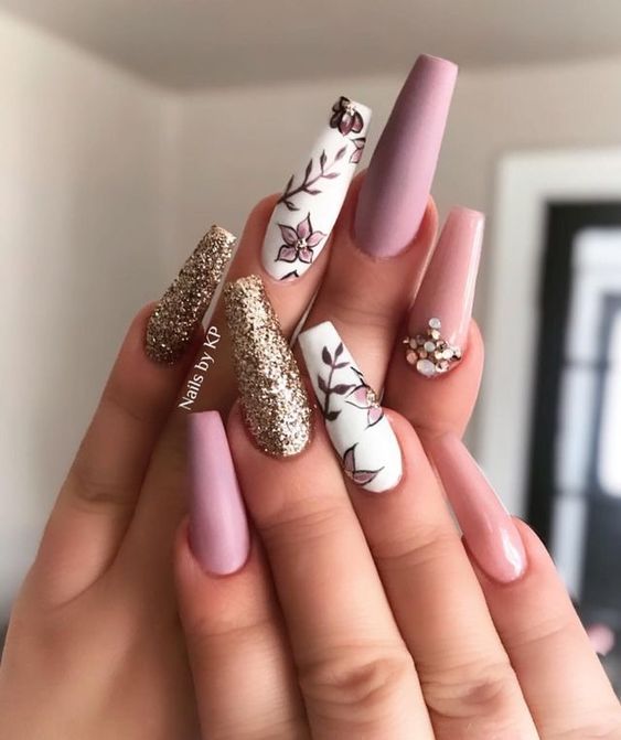 pink glitter floral nails