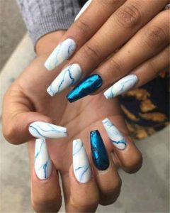 white blue marbled acrylic nails coffin
