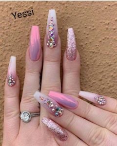 coffin pink nails with diamonds