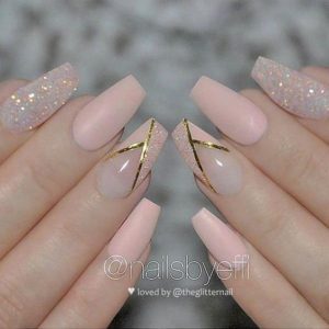 nude glitter gold acrylic nails coffin