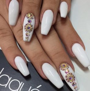 white nails with rhinestones