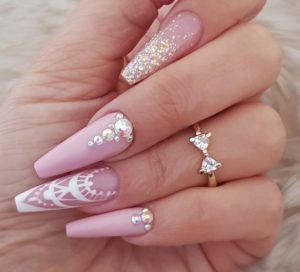 pink coffin nails with gems and glitter