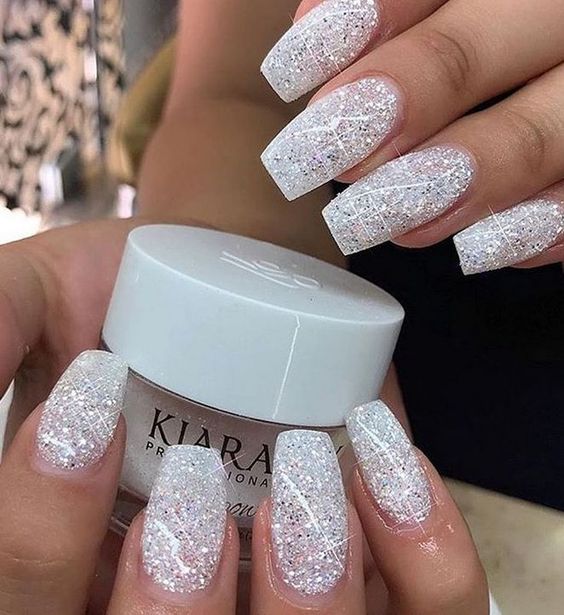 all white sparkle nails