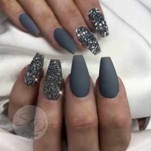 grey matte and sparkly nails