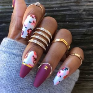 burgundy white flower nails