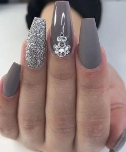 grey glitter acrylic nails with gems