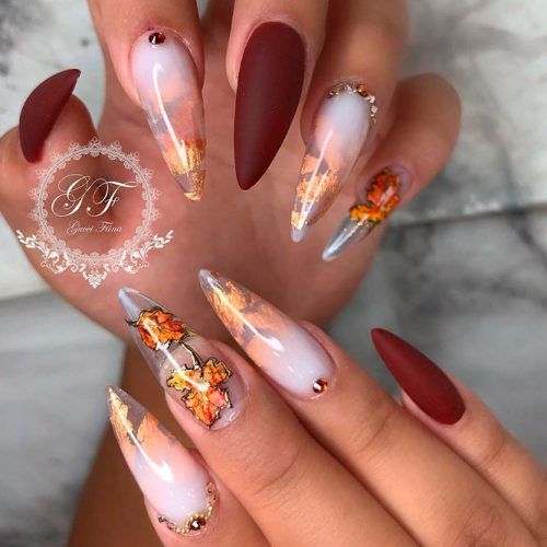 Autumn leaves with orange an gold nail foil
