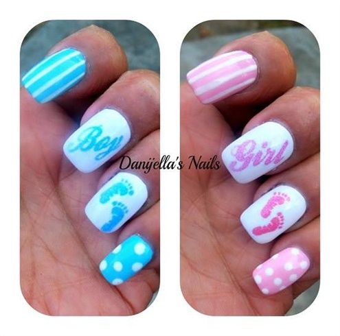 boy or girl written on accent nail with blue or pink polish