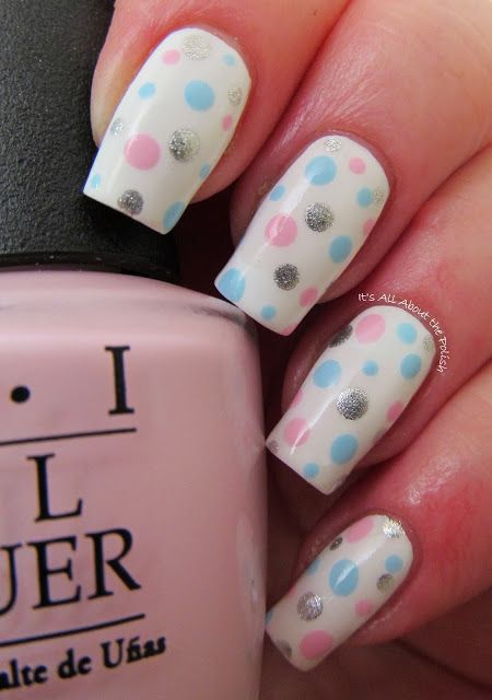 blue and pink spots on white base polish