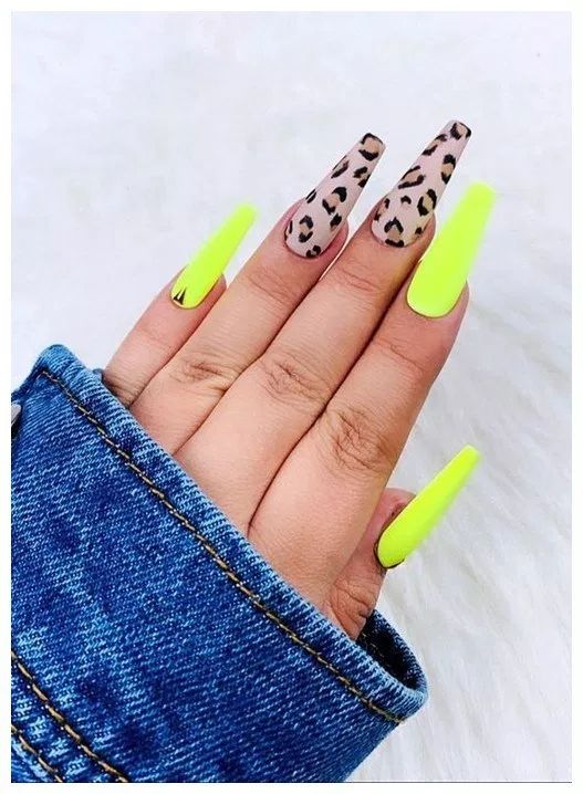 Leopard print on accent nails with neon yellow