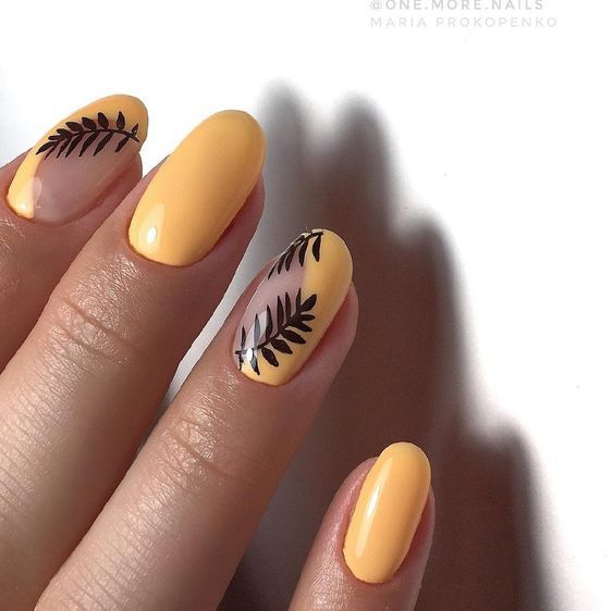 Half coated nails with fern leaves nail art