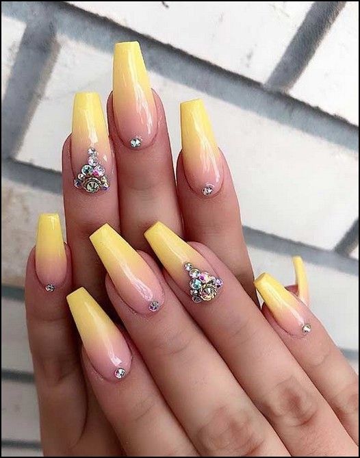 Yellow ombre nails with rhinestones