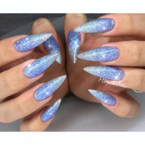 Blue Glitter Ombre Pointy Stiletto Nails