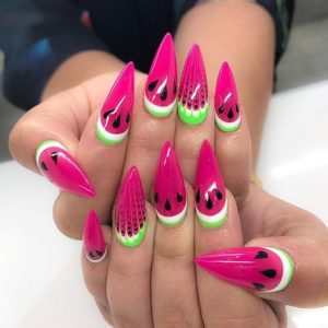 Watermelon-Art Pointy Stiletto Nails