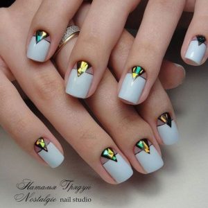 White Nails with Holographic Art