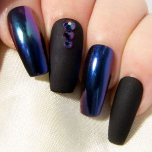 Long matte black and chrome blue nail look