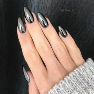 Almond shaped gray metallic nail look
