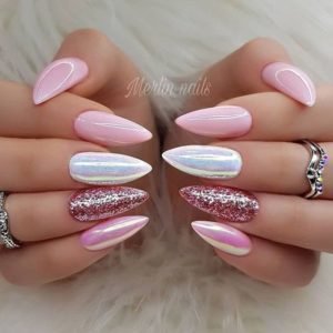 pink, shimmer and metallic nail look