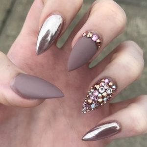 stiletto metallic and matte nails with rhinestones