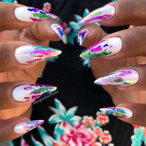 Colorful stiletto nails with white base
