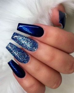 Blue Nails Coffin and glitter