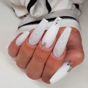 Coffin white nails and diamonds