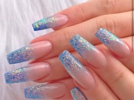 Neutral and glitter blue Blue Nails Acrylics