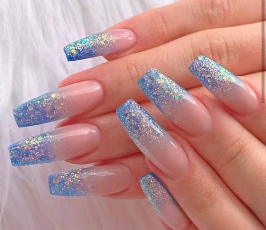 Neutral and glitter blue Blue Nails Acrylics