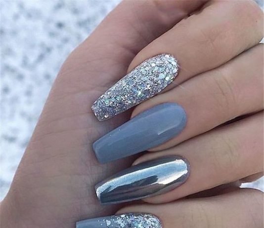 grey chrome glitter acrylic nails coffin