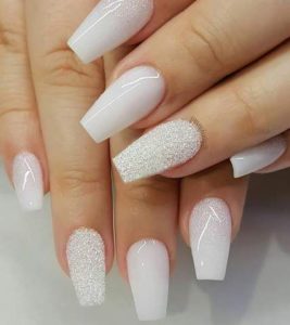 white glitter acrylic nails coffin